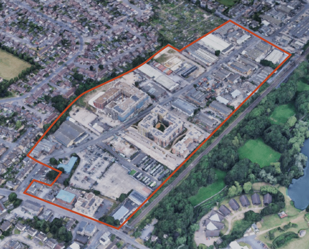 Aerial view of Cheshunt Lakeside masterplan site